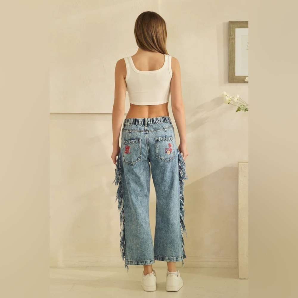 BP1145 Washed Embroidery Side Fray Jeans - Picture 8 of 11